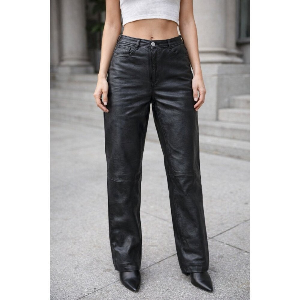 MUUBAA London Black Leather Straight Leg Pants Womens Size 16 Genuine Leather